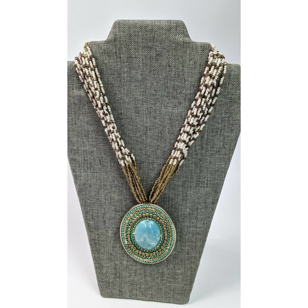 CHICOS MINA Faux Turquoise Statement Necklace Multi Strand Beaded Medallion - Picture 2 of 7